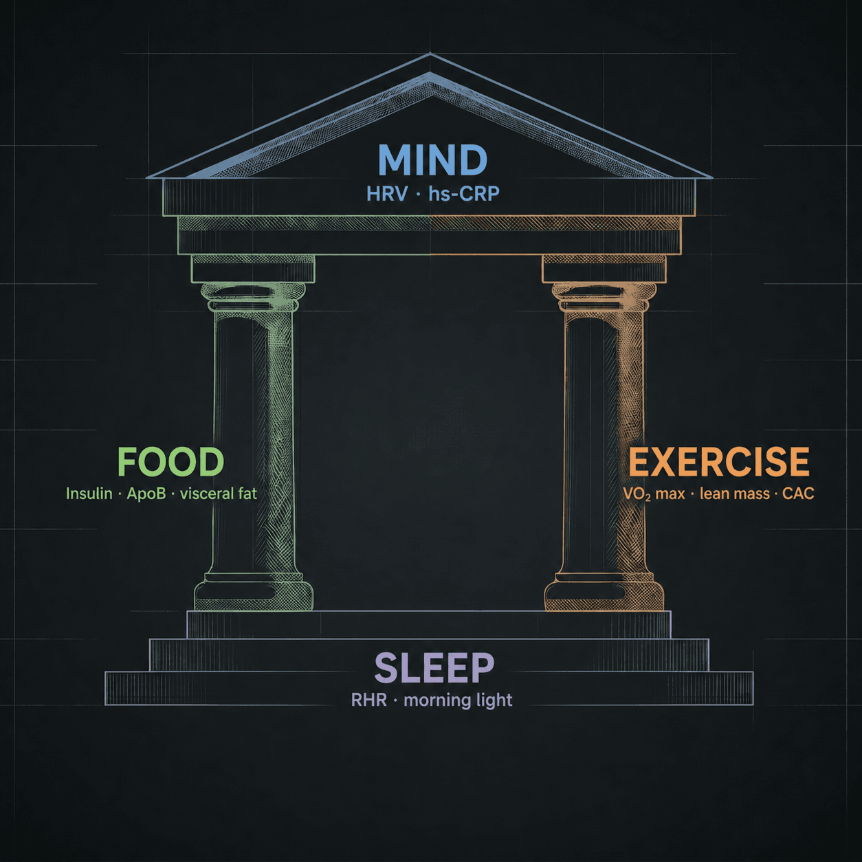 Portico architecture connecting Mind, Food, Exercise, and Sleep