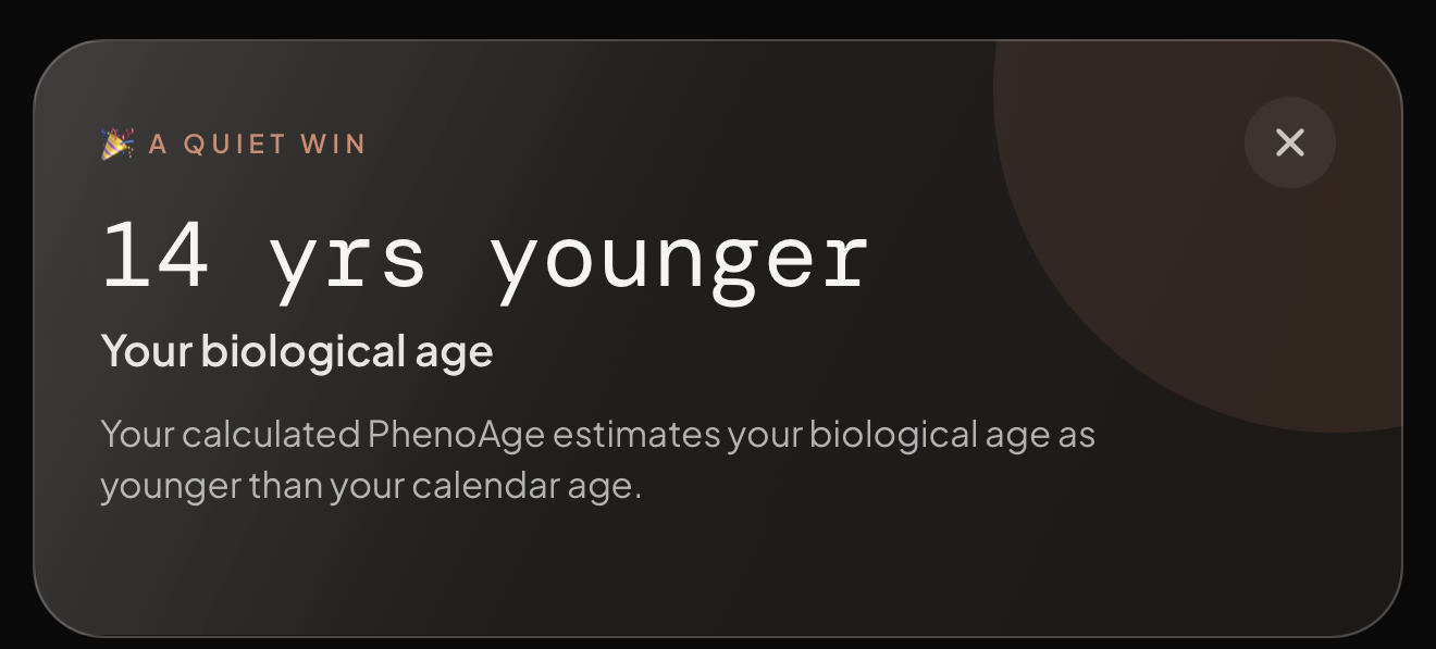 Portico biological age result estimating an age fourteen years younger than calendar age